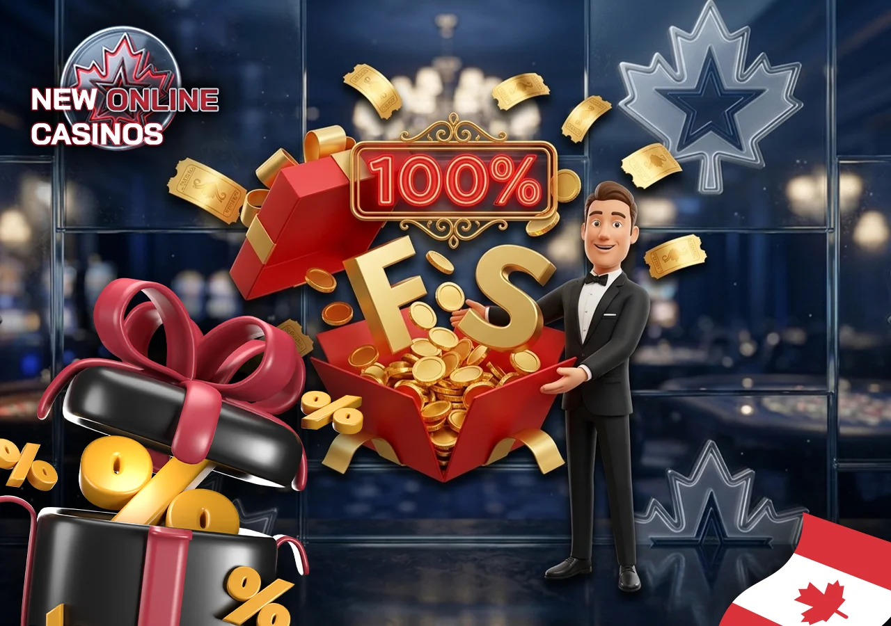 Shiny gift box with Canadian dollar symbols and welcome bonus spins